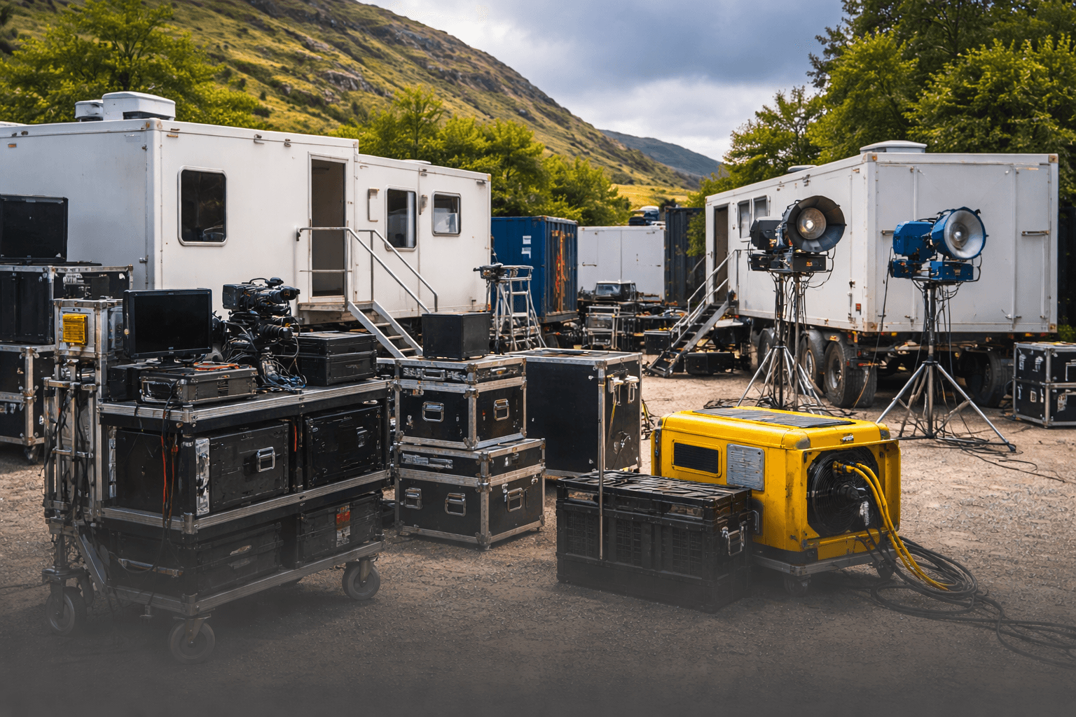 Film production equipment and trailers on rural location