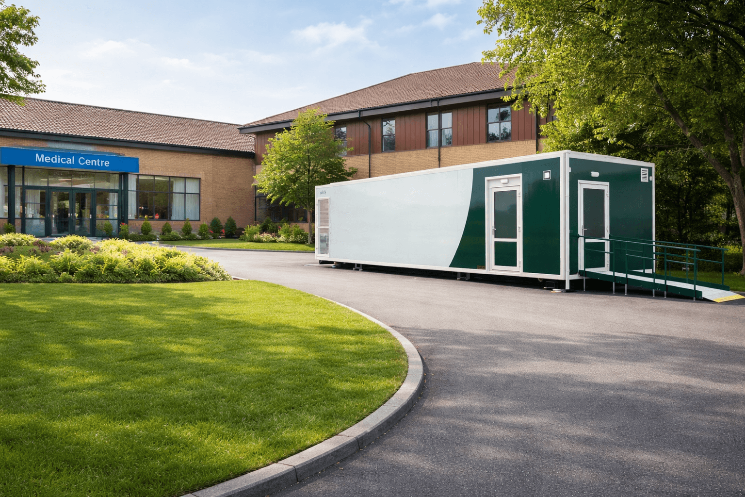 Mobile medical diagnostic unit outside a Medical Centre